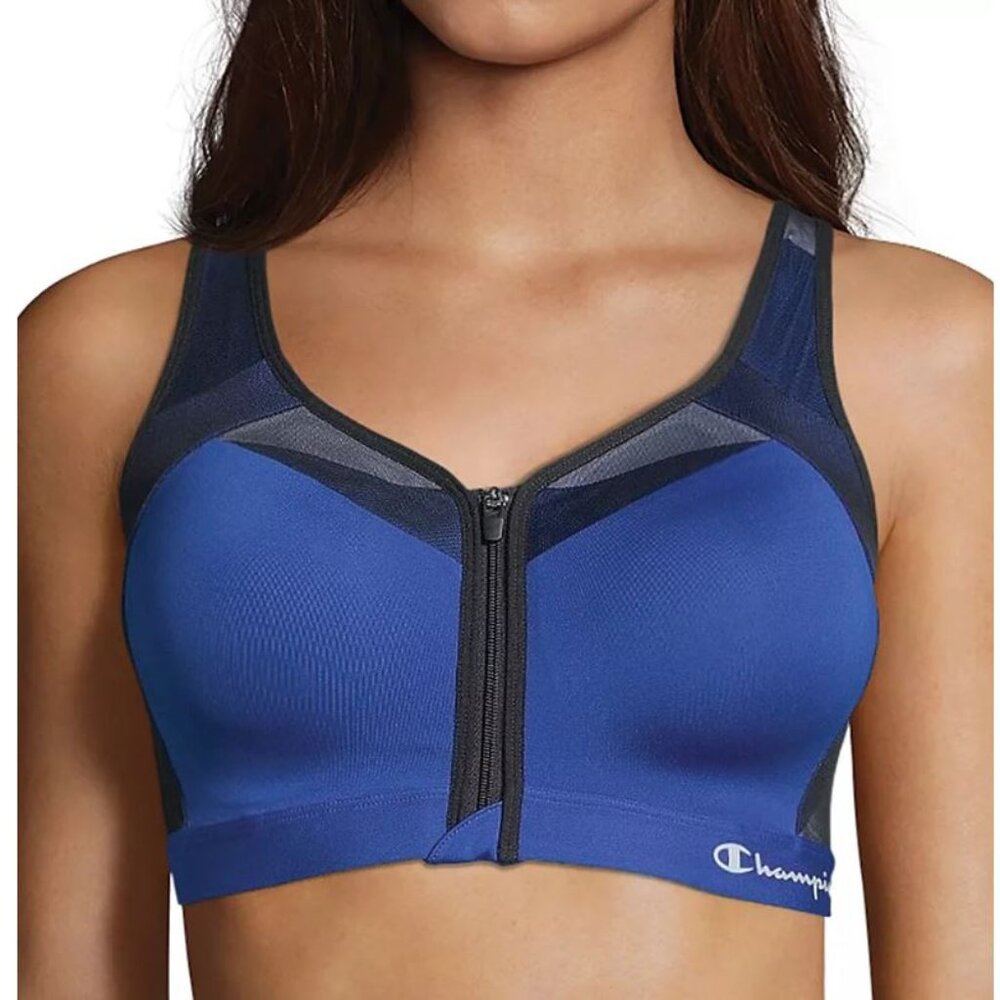 Champion Blue Motion Control Front Zip Maximum Support Molded Cup Sports Bra